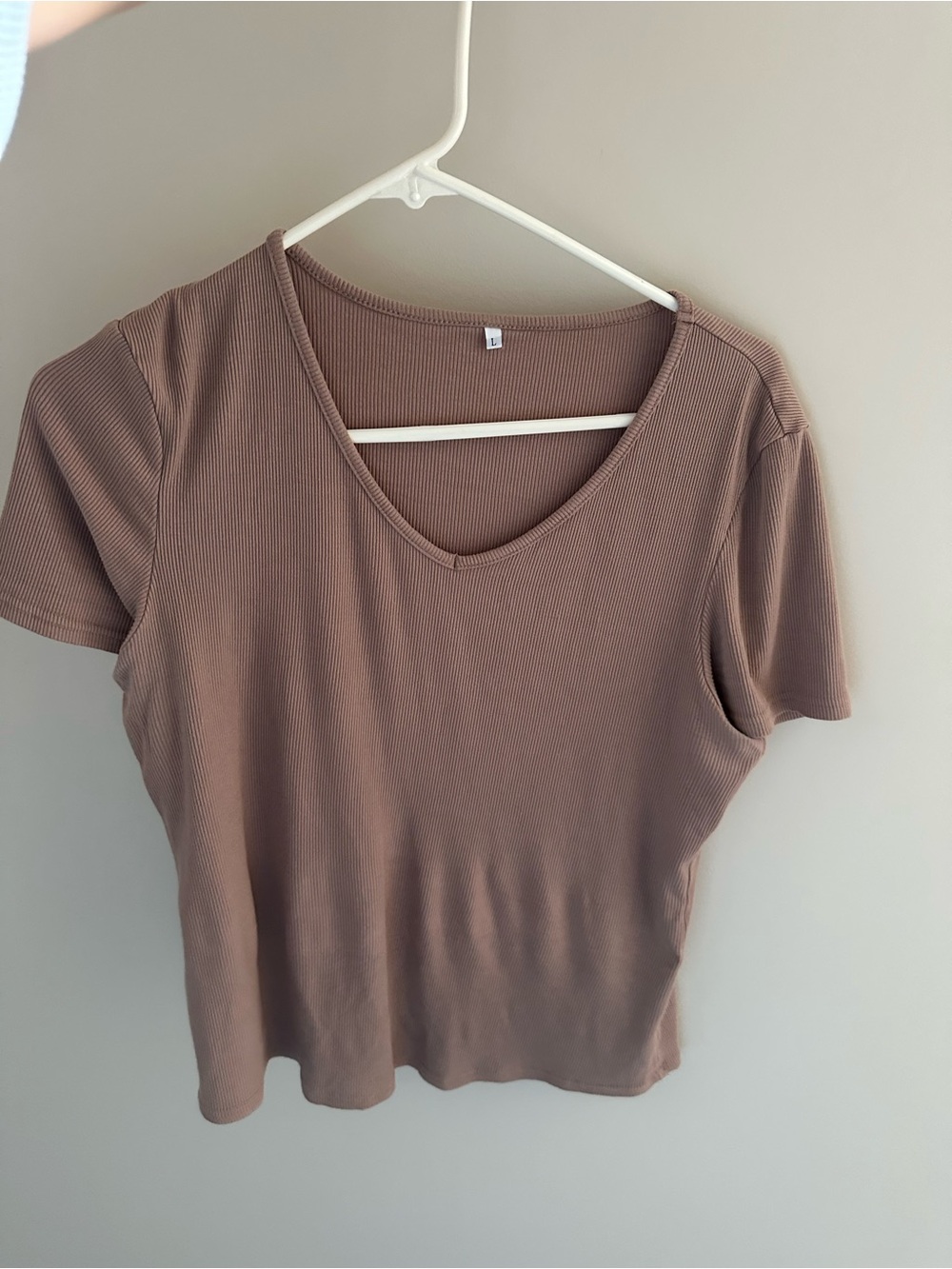 Ribbed V-Neck Short Sleeve Top - Taupe Stretchy